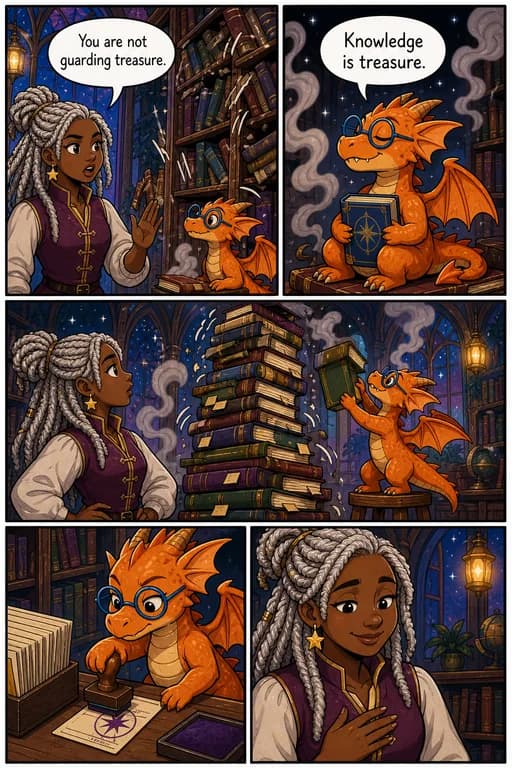Fantasy comic with a librarian and a small orange dragon guarding books