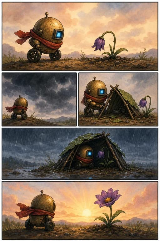 Watercolor comic of a small robot sheltering a flower through a rainstorm