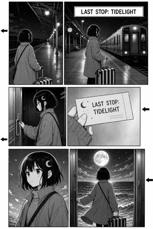 Black-and-white manga page of a traveler boarding a mysterious moonlit train