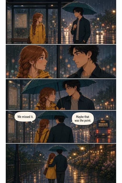 Vertical romantic webtoon showing two people sharing an umbrella in the rain